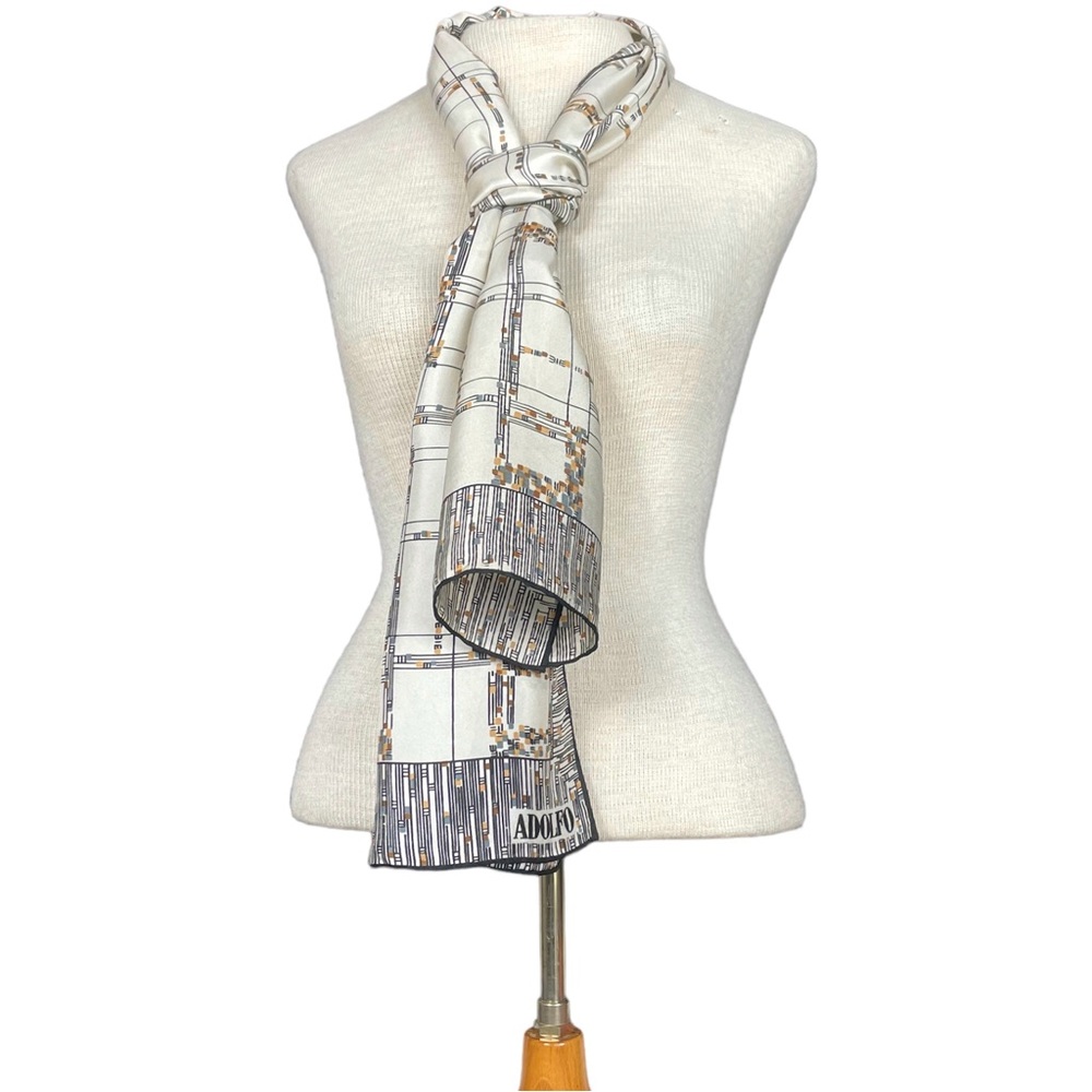 Adolfo Vintage Plaid Print Silk Scarf in Cream/Black
